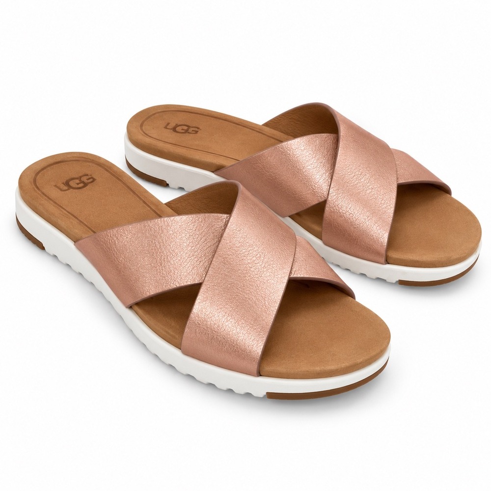 UGG Kari Cross Slide Metallic Rose Gold Leather Sandals Women's Size 10